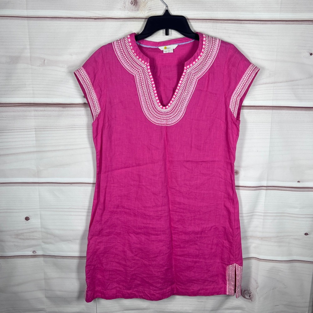 Boden Tunic Dress Womens 6 Pink Linen Embroidered Notch Neck Short Sleeve Shift